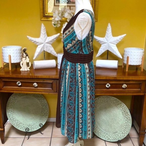 Sandra Darren Floral Brown & Aqua Boho Sleeveless V Neck Cocktail Party Dress 12 - Picture 9 of 16